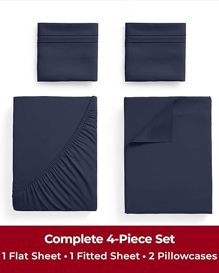 Mellanni Twin XL Sheets Set - 4 Piece Iconic Collection Bedding Sheets & Pillowcases - Soft, Cooling Bed Sheets - Deep Pocket up to 16 inch - 4 PC (Twin Extra Long, Navy Blue w/Extra Pillow Case) - LeafyLoom