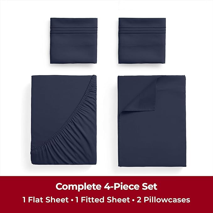 Mellanni Twin XL Sheets Set - 4 Piece Iconic Collection Bedding Sheets & Pillowcases - Soft, Cooling Bed Sheets - Deep Pocket up to 16 inch - 4 PC (Twin Extra Long, Navy Blue w/Extra Pillow Case) - LeafyLoom