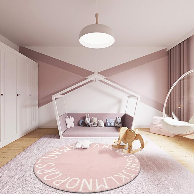 Topotdor Round Kids Play Rug Alphabet Nursery Area Rug Extra Large Soft Crawling Play Mat for Children Toddlers Bedroom (40 inch, Pink) - LeafyLoom