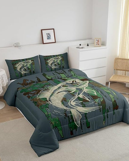 Bass Fish Comforter Set Full Size Green Camouflage Bedding Set for Fishing Lover Gifts Boys Girls Camo Pike Fish Fishing Comforter Wild Fisherman Bed Set Rustic Cabin Bedroom Decor - LeafyLoom