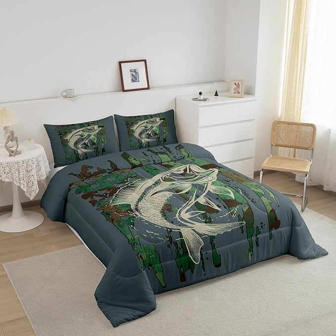 Bass Fish Comforter Set Full Size Green Camouflage Bedding Set for Fishing Lover Gifts Boys Girls Camo Pike Fish Fishing Comforter Wild Fisherman Bed Set Rustic Cabin Bedroom Decor - LeafyLoom