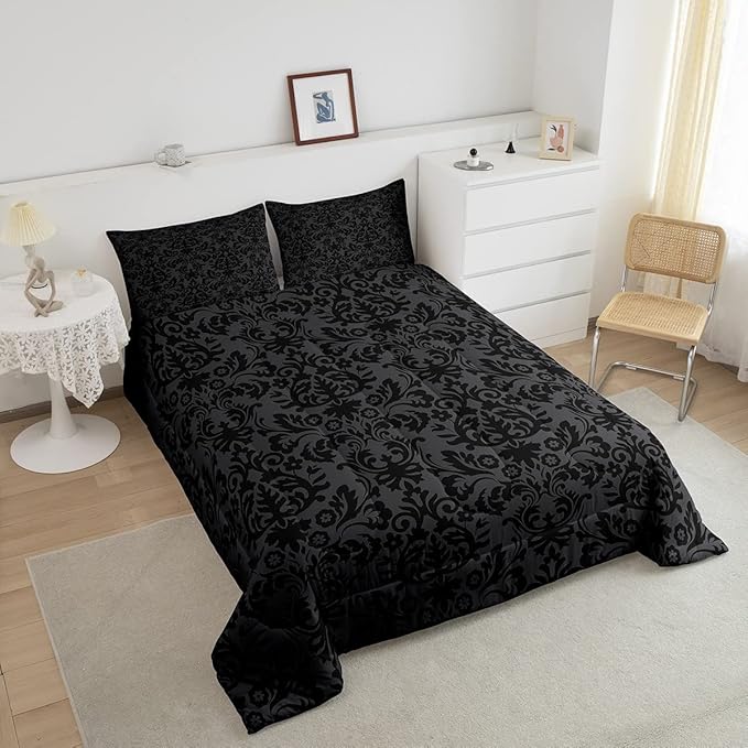 Erosebridal Adults Black Damask Bedding Set Antique Victorian Baroque Down Comforter Queen Gothic Vintage Floral Comforter Set Bohemian Exotic Bedding Quilted Bedroom Decor 2 Pillow Cases - LeafyLoom