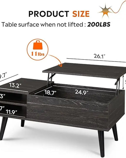 WLIVE Wood Lift Top Coffee Table with Hidden Compartment and Adjustable Storage Shelf, Lift Tabletop Dining Table for Home Living Room, Office, Charcoal Black - LeafyLoom