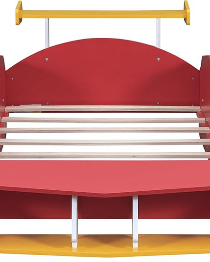 Twin Size Racecar Bed for Big Boys,Wood Platform Bedframe with Wheels & Safety Guardrail,Slats Support,Easy Assembly,Toddlers Kids Car Floor Beds for Fun Children's Bedroom,Red - LeafyLoom