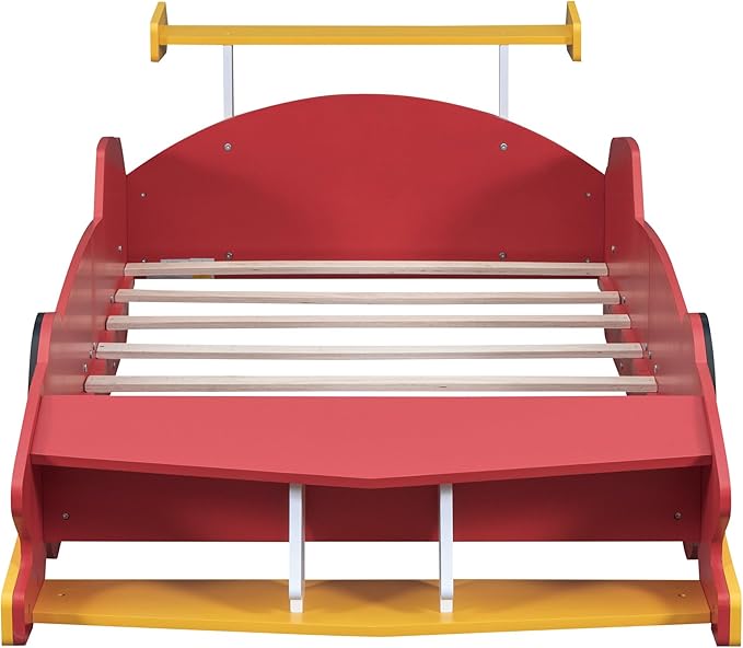Twin Size Racecar Bed for Big Boys,Wood Platform Bedframe with Wheels & Safety Guardrail,Slats Support,Easy Assembly,Toddlers Kids Car Floor Beds for Fun Children's Bedroom,Red - LeafyLoom