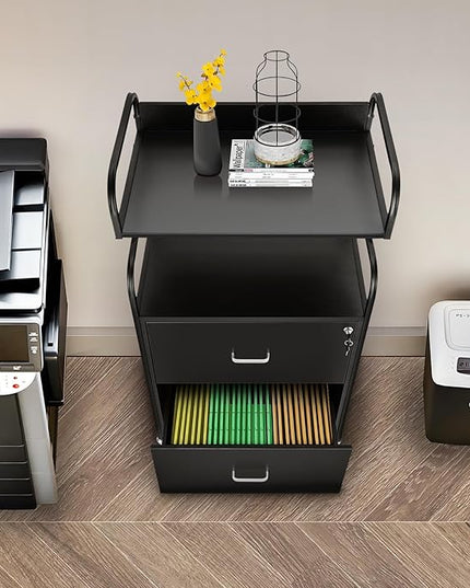 Vertical File Cabinet, 2 Drawer Mobile Filing Cabinet with 1 Bookshelf, Printer Stand with Open Storage Shelves Fits A4/Letter/Legal Size File Cabinets for Home Office Organizer, Black - LeafyLoom