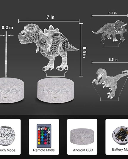 VSATEN Dinosaur Night Light for Kids, 3D Illusion Lamp 3-Pattern & 16 Colors Changing LED Dino Nightlight with Smart Touch & Remote Control, Dinosaur Gifts for Boys Girls Age 4 5 6+ Year Old - LeafyLoom