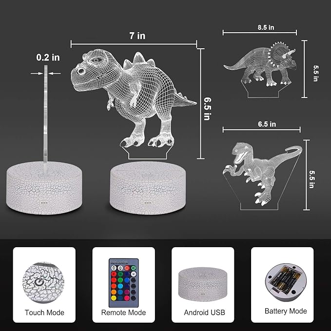 VSATEN Dinosaur Night Light for Kids, 3D Illusion Lamp 3-Pattern & 16 Colors Changing LED Dino Nightlight with Smart Touch & Remote Control, Dinosaur Gifts for Boys Girls Age 4 5 6+ Year Old - LeafyLoom