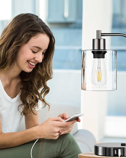 Industrial Touch Control Table Lamps Set of 2 - Black Nickel Bedside Lamps with 2 USB Ports & AC Outlet, 3-Way Dimmable Nightstand Desk Lamp for Bedroom Living Room, Glass Shade & 2 LED Bulbs Included - LeafyLoom