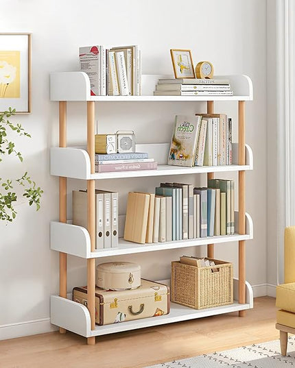 4-Tier Wooden Open Bookcase - Modern Display Bookshelf with Side Panels and Solid Wood Frame for Home and Office, Storage Cabinet, Warm White - LeafyLoom