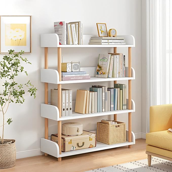 4-Tier Wooden Open Bookcase - Modern Display Bookshelf with Side Panels and Solid Wood Frame for Home and Office, Storage Cabinet, Warm White - LeafyLoom