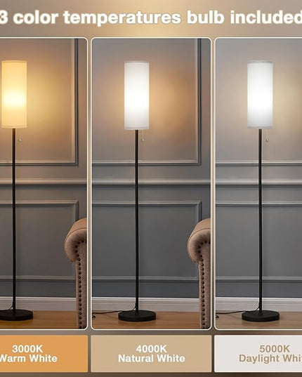 Ambimall Floor Lamp for Living Room with 3 Color Temperatures Bulb, 64" Standing lamp with Linen lampshade for Bedroom, Minimalist Pole Lamp, Grey Shade & Black Pole - LeafyLoom