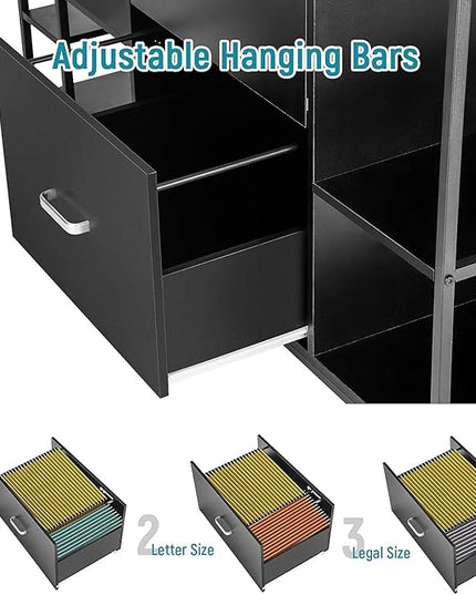 Lateral File Cabinet, 2 Drawer Mobile Filing Cabinet with Outlet, Open Storage Side Shelves, Locking Drawer Fits A4/Letter/Legal Size File Cabinets for Home Office, Black - LeafyLoom