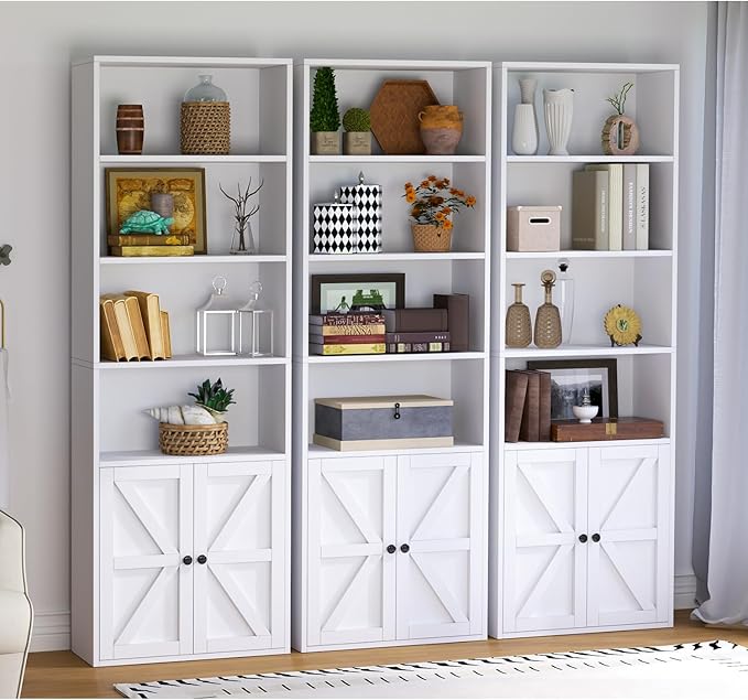 oneinmil 6 Tier Bookshelf and Bookcase, Wooden Bookshelves with Cabinet Doors, Floor Bookshelves and Office Storage Cabinets for Home Office, Living Room,White - LeafyLoom