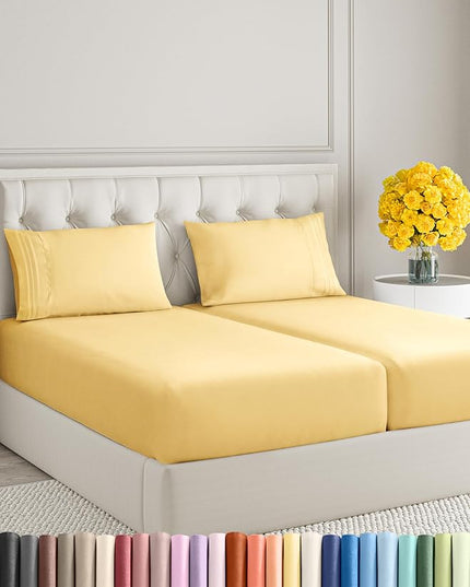 Split King Size 5 Piece Sheet Set - Comfy Breathable & Cooling Sheets - Hotel Luxury Bed Sheets for Women & Men - Deep Pockets, Easy-Fit, Soft & Wrinkle Free Sheets - Yellow Oeko-Tex Bed Sheet Set - LeafyLoom