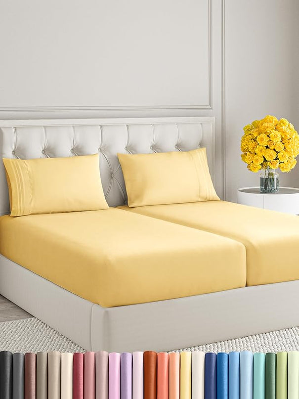 Split King Size 5 Piece Sheet Set - Comfy Breathable & Cooling Sheets - Hotel Luxury Bed Sheets for Women & Men - Deep Pockets, Easy-Fit, Soft & Wrinkle Free Sheets - Yellow Oeko-Tex Bed Sheet Set - LeafyLoom