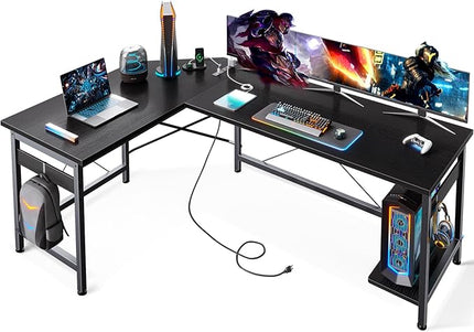 Coleshome 59" L Shaped Gaming Desk with Outlet, L Shaped Desk with CPU Stand, Corner Computer Desk, Home Office Desk, Writing Desk, Black - LeafyLoom