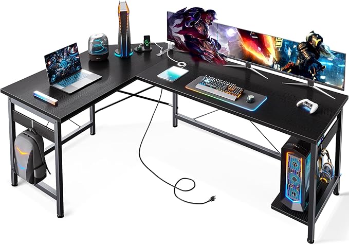 Coleshome 59" L Shaped Gaming Desk with Outlet, L Shaped Desk with CPU Stand, Corner Computer Desk, Home Office Desk, Writing Desk, Black - LeafyLoom