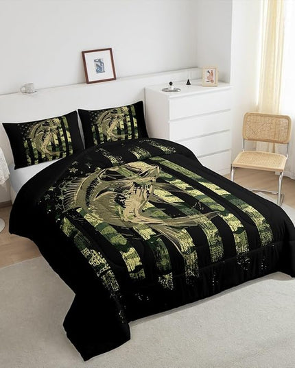 Green Black Camouflage Comforter Set Fish Camo American Flag Bedding Set for Women Men Room Farmhouse Fishing Decor Comforter Wild Quilted Set 3Pcs Queen Size - LeafyLoom