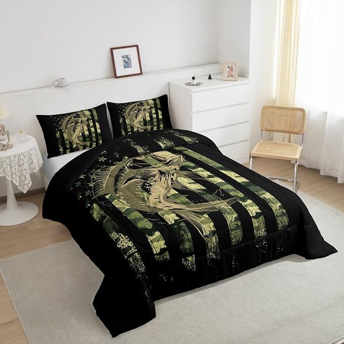Green Black Camouflage Comforter Set Fish Camo American Flag Bedding Set for Women Men Room Farmhouse Fishing Decor Comforter Wild Quilted Set 3Pcs Queen Size - LeafyLoom
