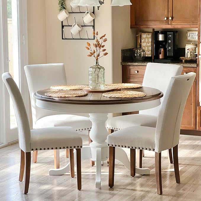 COLAMY Upholstered Fabric Dining Chairs Set of 6, High Back Padded w/Nailed Trim & Solid Wood Legs, Classic Parsons Side Chair for Home/Kitchen/Living Room-Beige - LeafyLoom