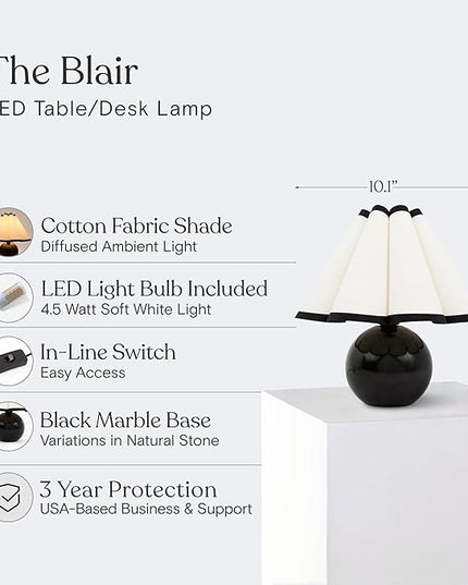 Brightech Blair LED Table Lamp - Small Modern Black Table Lamp with Marble Globe Base, Pleated Shade for Bedroom, Bedside, Side Table - Ambient Night Light with Soft White Light for Desk, Living Room - LeafyLoom