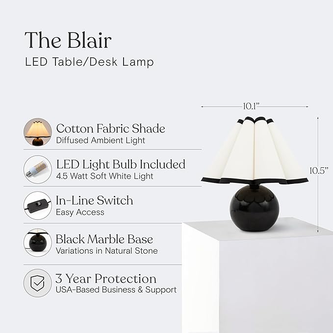 Brightech Blair LED Table Lamp - Small Modern Black Table Lamp with Marble Globe Base, Pleated Shade for Bedroom, Bedside, Side Table - Ambient Night Light with Soft White Light for Desk, Living Room - LeafyLoom