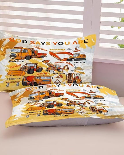 Kids Construction Vehicles Truck Comforter for Boys Full,Cartoon Car Excavator Tractor Bedding Set,Construction Christian Spirational Quotes Comforter with 2 Pillowcases Yellow - LeafyLoom
