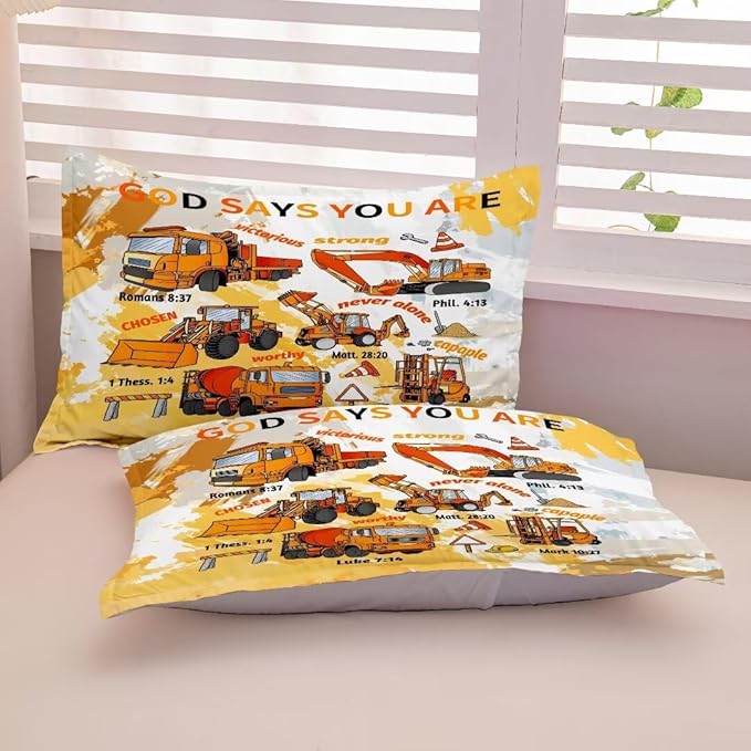 Kids Construction Vehicles Truck Comforter for Boys Queen,Cartoon Car Excavator Tractor Bedding Set,Construction Christian Spirational Quotes Comforter with 2 Pillowcases Yellow - LeafyLoom