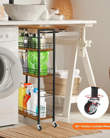 YBING Slim Storage Cart 4 Tier Kitchen Rolling Cart on Wheels Mobile Narrow Cart with Wooden Tabletop Slide Out Utility Cart for Bathroom Laundry Narrow Places Rustic Brown 16.5''L X 7.3''W X 34.6''H - LeafyLoom