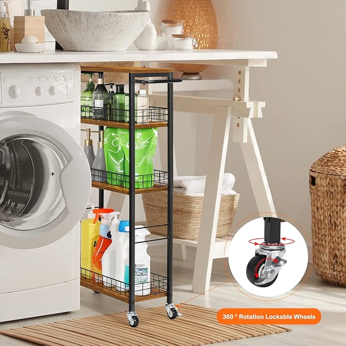 YBING Slim Storage Cart 4 Tier Kitchen Rolling Cart on Wheels Mobile Narrow Cart with Wooden Tabletop Slide Out Utility Cart for Bathroom Laundry Narrow Places Rustic Brown 16.5''L X 7.3''W X 34.6''H - LeafyLoom