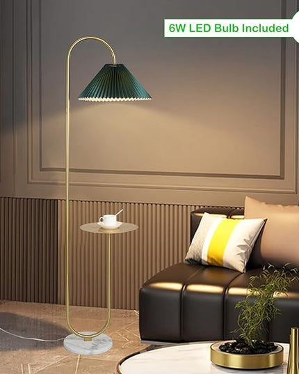 Modern Elegant with Tray Floor Lamp for Office Cafe Den Living Room Bedroom, Foot Switch and Brass/Gold Finish,Dark Green Pleated Cloth Lampshade - LeafyLoom
