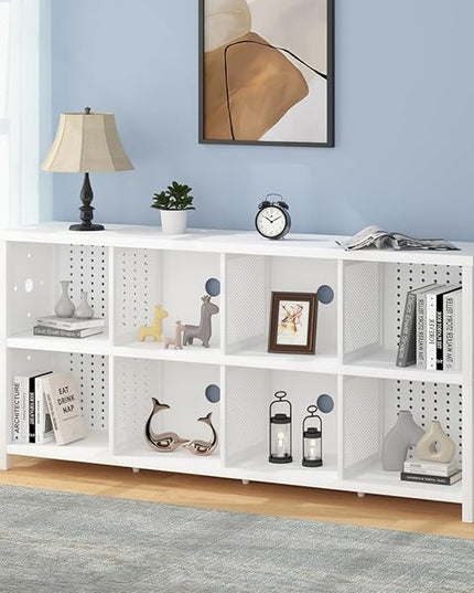 LVB White Horizontal Bookcase, Modern Bookshelf Cube Storage Organizer, Farmhouse Wide Large Wood Metal Book Shelf, Industrial Low Long Cube Shelf for Office Home Bedroom Living Room, White Oak, 63 In - LeafyLoom