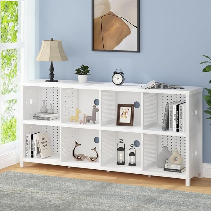 LVB White Horizontal Bookcase, Modern Bookshelf Cube Storage Organizer, Farmhouse Wide Large Wood Metal Book Shelf, Industrial Low Long Cube Shelf for Office Home Bedroom Living Room, White Oak, 63 In - LeafyLoom