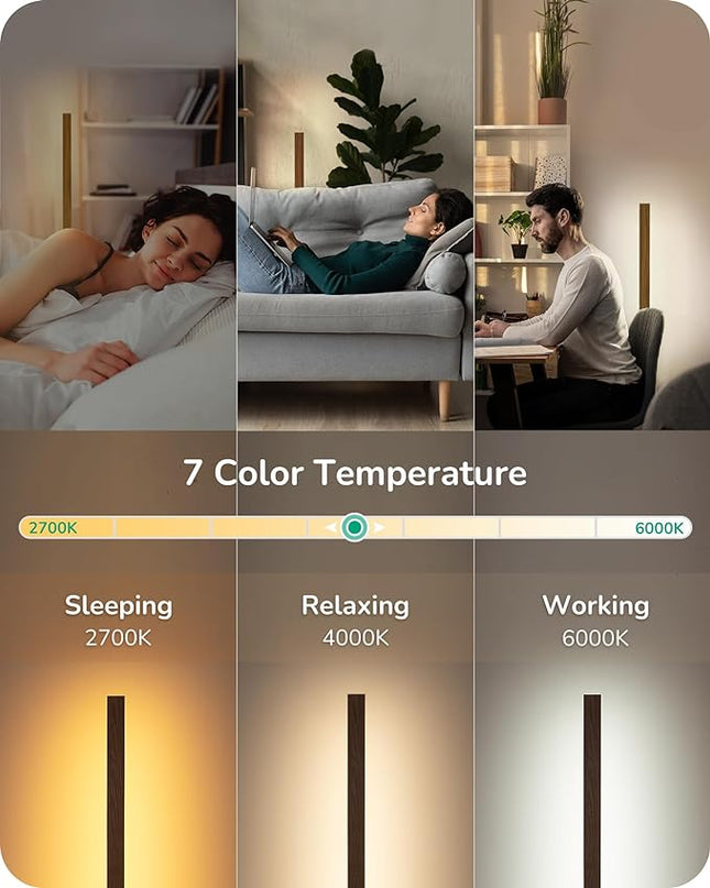 EDISHINE Mid Century Modern Floor Lamp with Remote, Dimmable Wood LED Corner Light, Minimalist Standing Mood Lighting for Living Room, Bedroom, Office, 7 Color Temperature 2700K~6000K, 46" - LeafyLoom