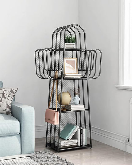 DOORXIF 4-Tier Industrial Bookshelf Freestanding, Cactus Bookcase Storage Organizer Closet Corner Metal Display Cabinet, Corner Black Bookshelf for Small Spaces, Industrial Bookcase for Bedroom Office - LeafyLoom
