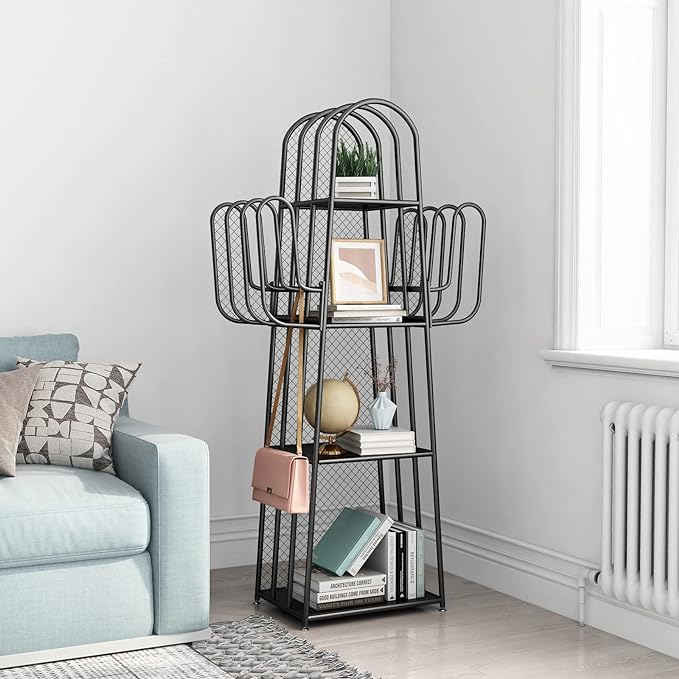 DOORXIF 4-Tier Industrial Bookshelf Freestanding, Cactus Bookcase Storage Organizer Closet Corner Metal Display Cabinet, Corner Black Bookshelf for Small Spaces, Industrial Bookcase for Bedroom Office - LeafyLoom