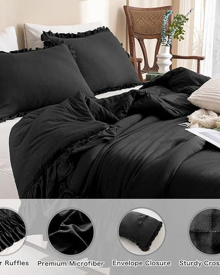 Black Ruffled Comforter Set Queen,Farmhouse Shabby Boho Chic Bedding,Ultra Soft Fluffy Ruffle Bed Comforter Set 3-Piece (1 Ruffle Comforter+2 Pillow Shams) - LeafyLoom