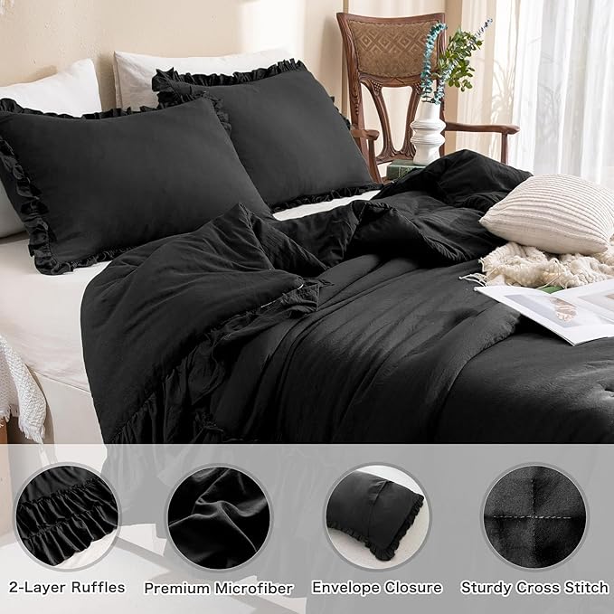 Black Ruffled Comforter Set Queen,Farmhouse Shabby Boho Chic Bedding,Ultra Soft Fluffy Ruffle Bed Comforter Set 3-Piece (1 Ruffle Comforter+2 Pillow Shams) - LeafyLoom
