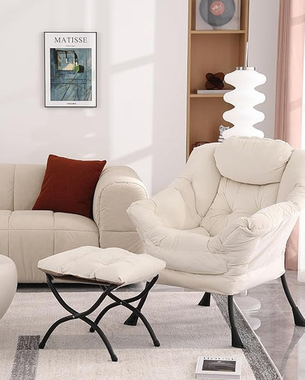 Lazy Chair with Ottoman, Modern Soft Reading Chair Accent Contemporary Lounge Leisure Sofa Chair with Armrests and a Side Pocket for Living Room, Bedroom, Dorm & Office, Beige - LeafyLoom