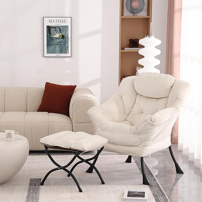 Lazy Chair with Ottoman, Modern Soft Reading Chair Accent Contemporary Lounge Leisure Sofa Chair with Armrests and a Side Pocket for Living Room, Bedroom, Dorm & Office, Beige - LeafyLoom