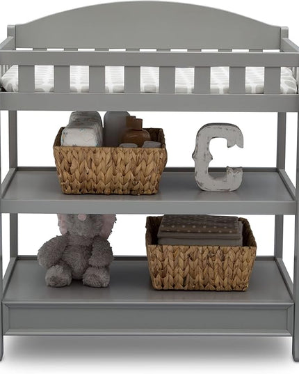 Delta Children Heartland 4-in-1 Convertible Crib Infant Changing Table with Pad + Serta Perfect Start Crib Mattress, Grey - LeafyLoom