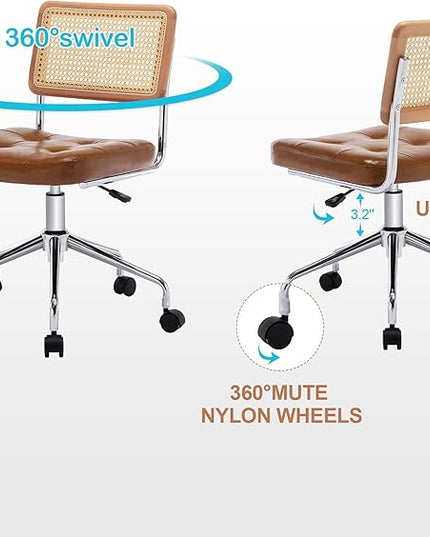 Zesthouse Mid Century Home Office Chair Leather Desk Chair with Rattan Back, Vanity Chair for Girls Women, Upholstered Swivel Chair, Adjustable Height Computer Task Chair - LeafyLoom