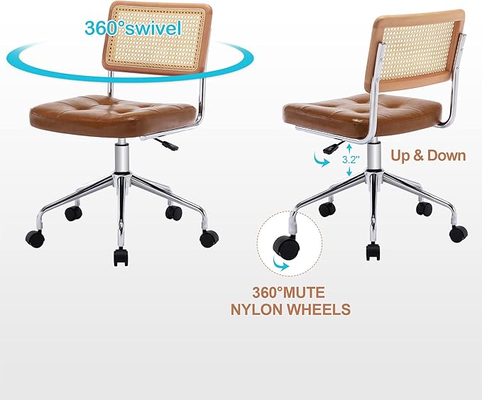 Zesthouse Mid Century Home Office Chair Leather Desk Chair with Rattan Back, Vanity Chair for Girls Women, Upholstered Swivel Chair, Adjustable Height Computer Task Chair - LeafyLoom