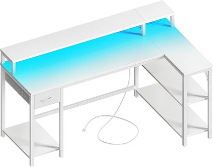 SUPERJARE 53 inch Reversible L Shaped Desk with LED Lights & Power Outlets, Computer Desk with Shelves & Monitor Stand, Gaming Desk with Drawer, Home Office Desk Corner Desk, PU White Drawer - LeafyLoom