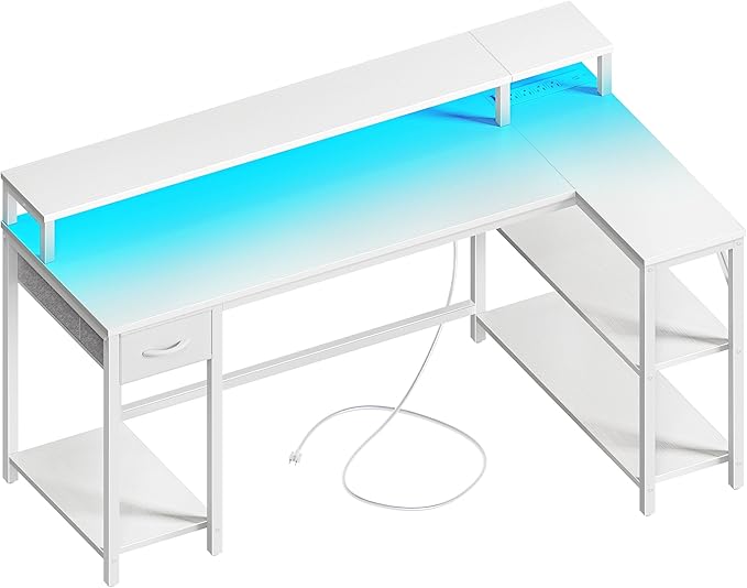 SUPERJARE 53 inch Reversible L Shaped Desk with LED Lights & Power Outlets, Computer Desk with Shelves & Monitor Stand, Gaming Desk with Drawer, Home Office Desk Corner Desk, PU White Drawer - LeafyLoom
