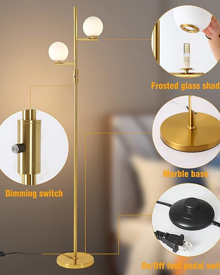 Dimming Floor Lamp with 2 Sphere Frosted Glass Globes,Mid-Century Gold Standing Lamp for Living Room, Bedroom, Office(Gold) - LeafyLoom