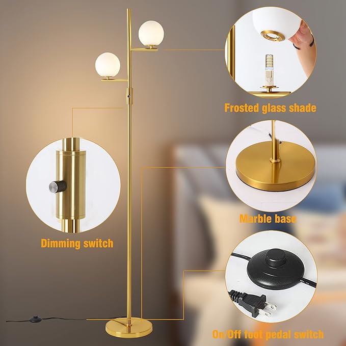Dimming Floor Lamp with 2 Sphere Frosted Glass Globes,Mid-Century Gold Standing Lamp for Living Room, Bedroom, Office(Gold) - LeafyLoom