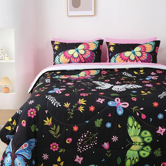 Kids Butterfly Comforter Set Full Size for Girls Colorful Flowers Leaves Bedding Set for Teens Black 7 Piece Bed in A Bag Super Soft All Season - LeafyLoom