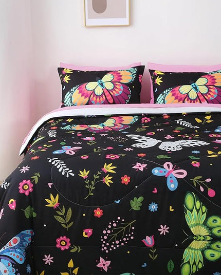 Girls Butterfly Comforter Set Twin Size Colorful Flowers Leaves Bedding Set for Kids Teens Black 7 Piece Bed in A Bag Super Soft All Season - LeafyLoom